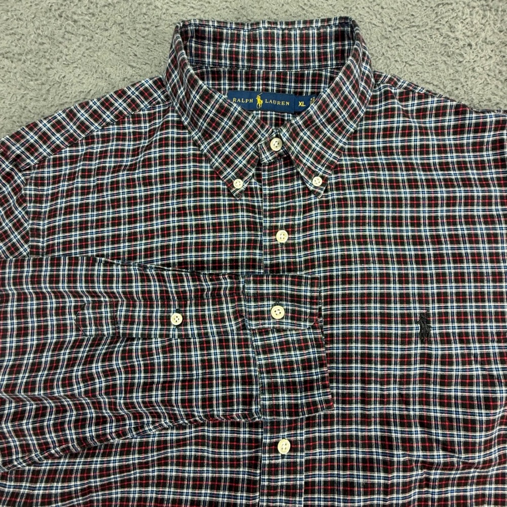 Ralph Lauren‎ Button Down Shirt Mens XL Black Red Plaid Long Sleeve Pony Logo